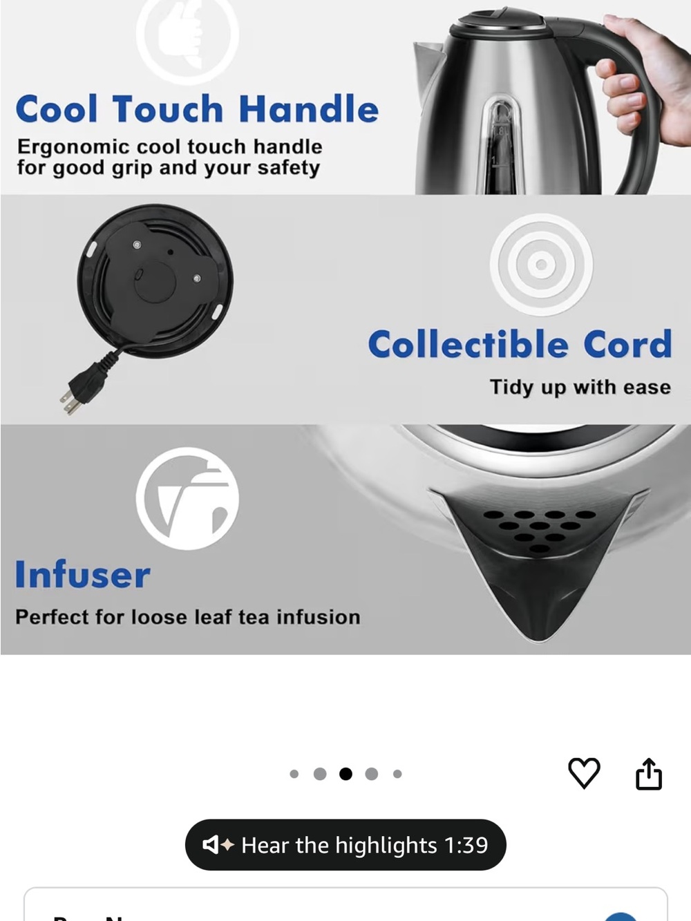 *2538* “7x10” Ketfii Stainless Steel Electric Kettle - Silver & Black - Picture 8 of 16